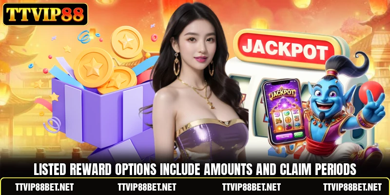 Listed reward options include amounts and claim periods Listed reward options include amounts and claim periods